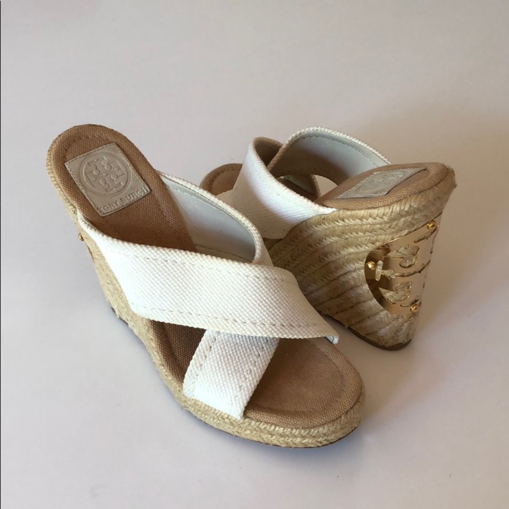 Tory Burch White Canvas Crisscross Espadrille Wedge Sandals with Gold Logo